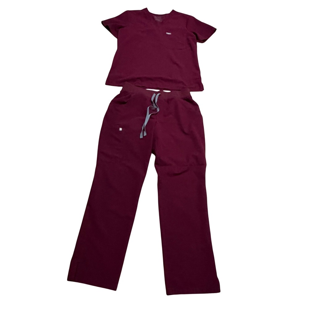 Figs Catarina Kade Scrub Set Burgundy Maroon V-Neck Top Cargo Pants Womens M